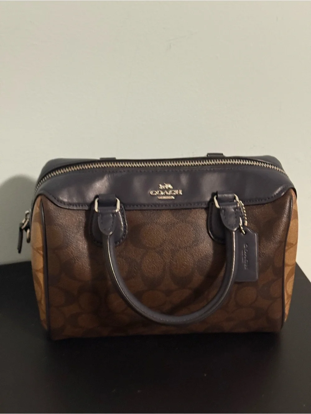 COACH Signature Canvas Satchel in two shades of brown and Navy Leather Trim! 🤩